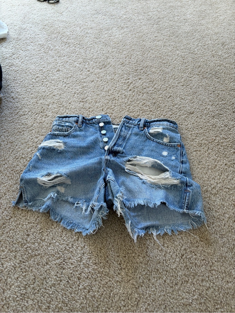 Distressed High-Waist Denim Shorts - Light Blue